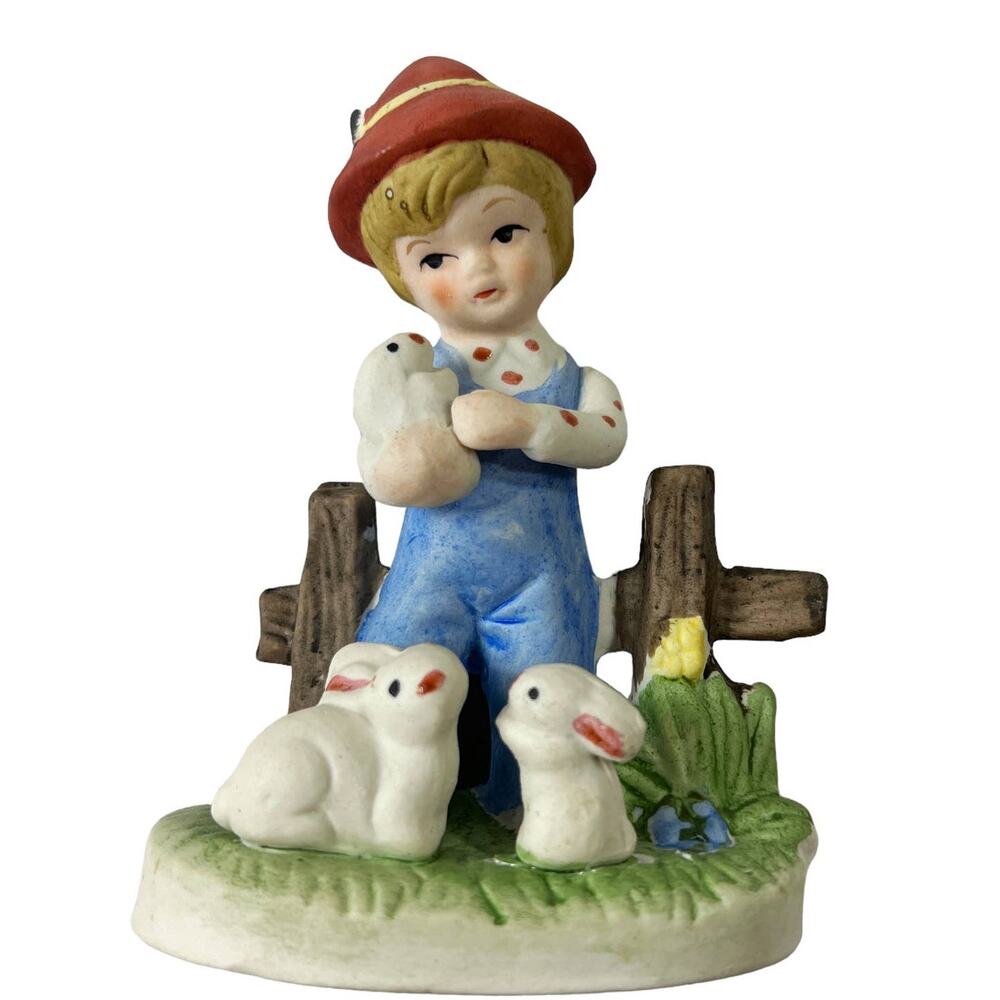 Vintage Boy in Overalls with Bunny Rabbits Figurine | Cottagecore Ceramic Decor